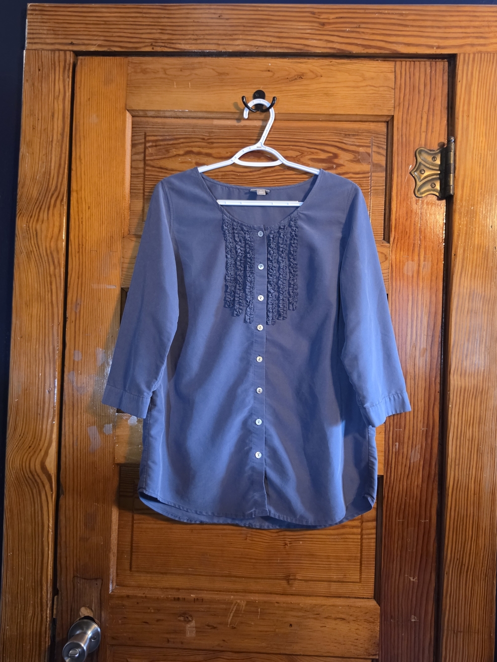 J. Jill Dusty Blue Ruffle-Front Button Blouse 3/4 Sleeves Size Small